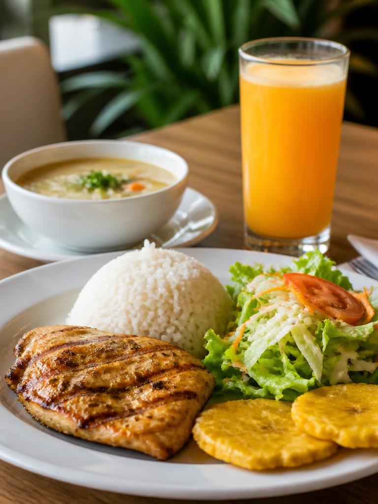 Almuerzo ejecutivo con sopa, arroz, pollo y jugo natural