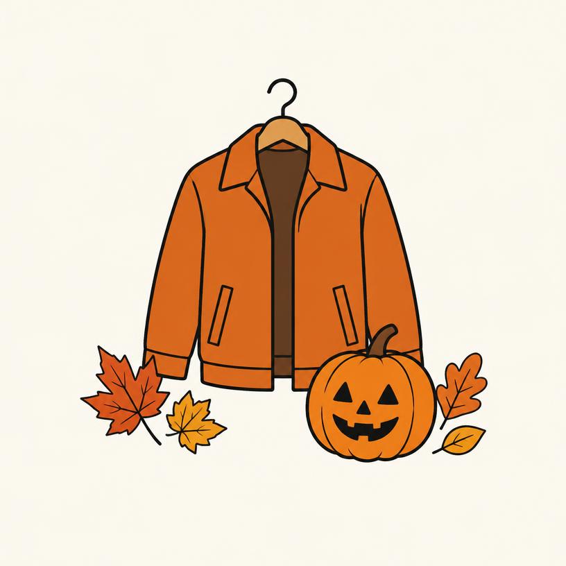 Ilustración sencilla de una chaqueta naranja en una percha, con una calabaza de Halloween y hojas de otoño