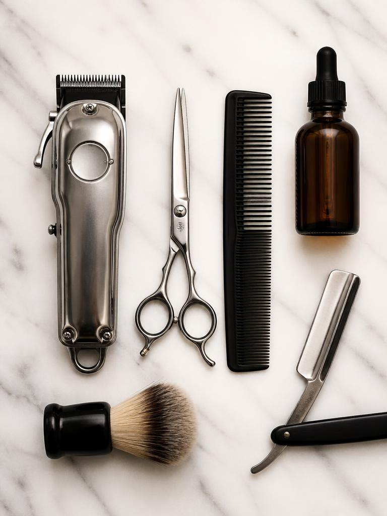 Herramientas de barbería sobre mármol