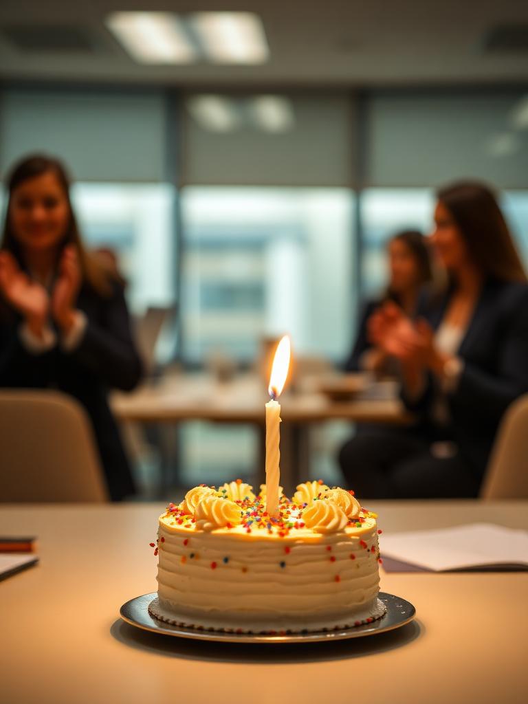 Torta de cumpleaños con vela encendida en una oficina
