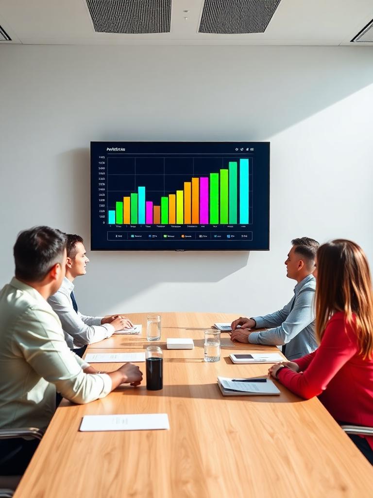 Equipo en sala de juntas mirando una pantalla con gráficas de avance