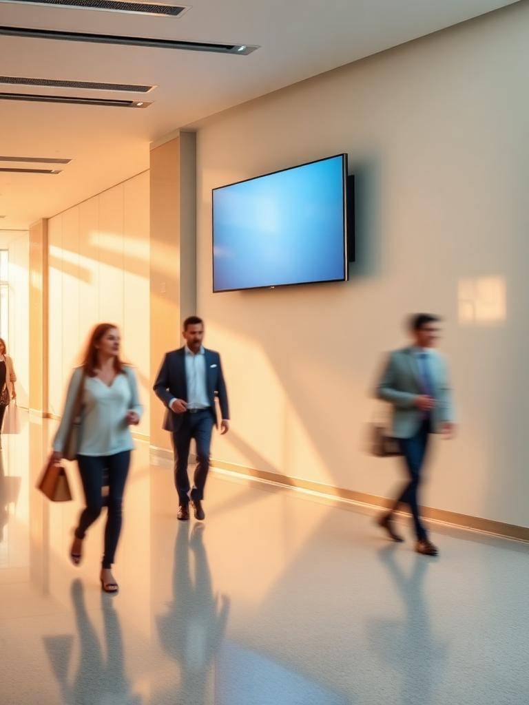 Lobby de oficina con una pantalla digital en la pared y personas caminando