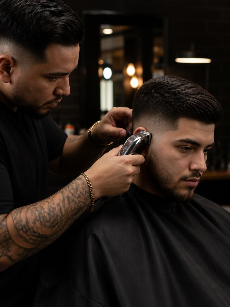 Barbero atendiendo a un cliente en una barbería con pantalla de promociones