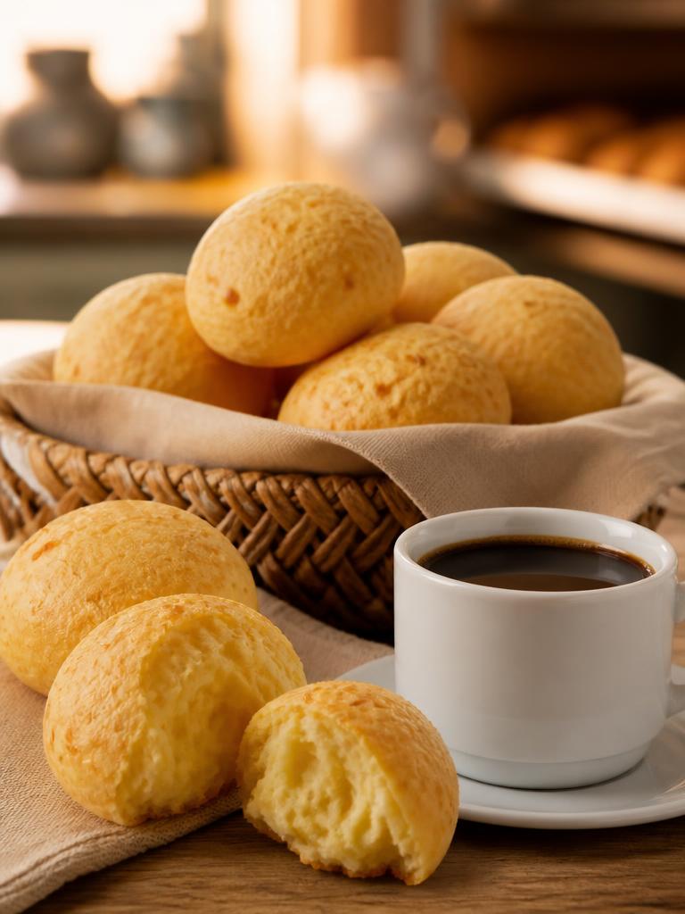 Pandebono recién horneado junto a una taza de café