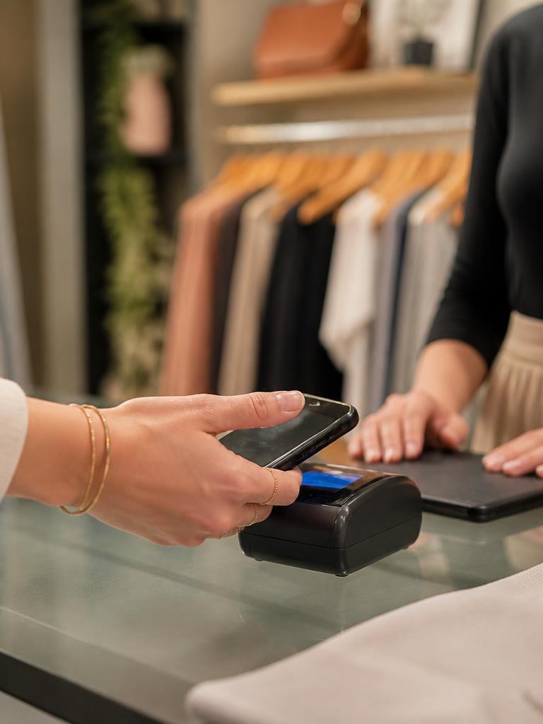 Cliente pagando con el celular en la caja de una tienda