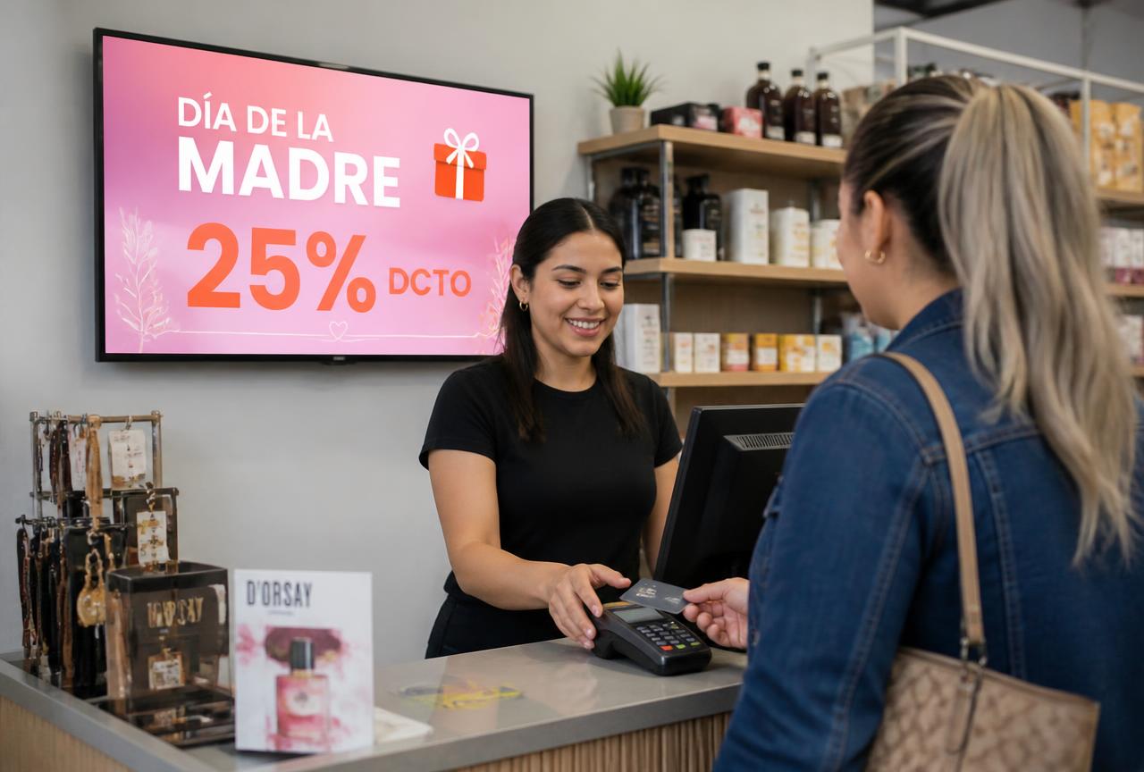 Pantalla en el mostrador de una tienda mostrando una promoción del Día de la Madre mientras atienden a una clienta